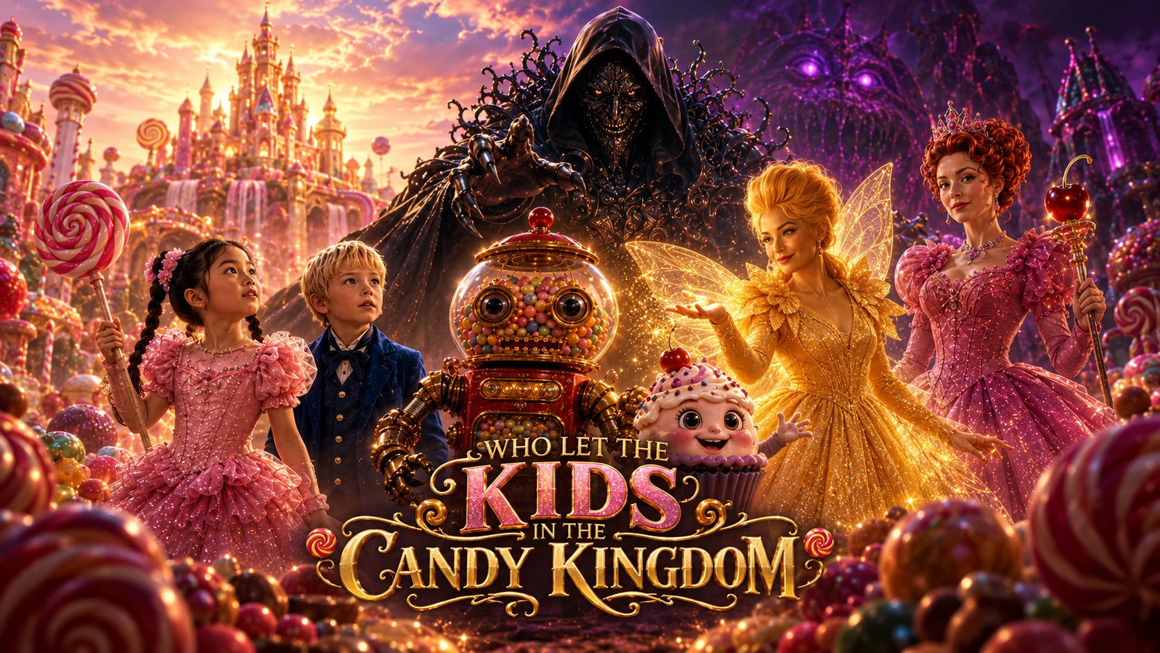 Image phare cinématographique de Who Let the Kids in the Candy Kingdom mettant en scène les jeunes héros, Bubblegum Bot, la princesse Cerise et la menace sombre qui plane sur le royaume.