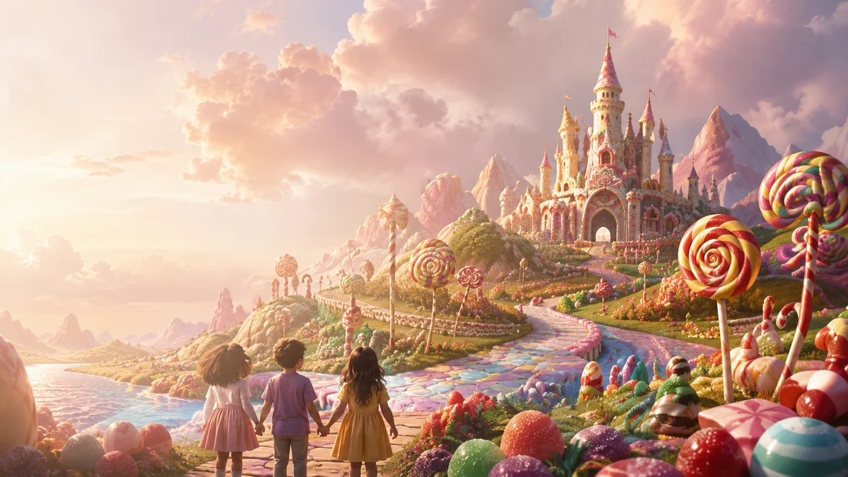 Vue cinématographique panoramique du monde de Candy Kingdom.